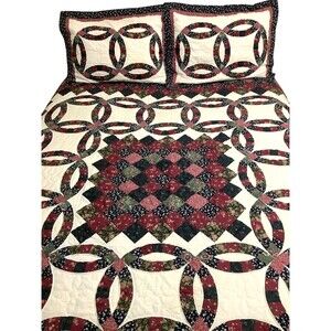 Vintage Double Wedding Ring Quilt Set w/ 2 Shams Blue Maroon JCPenney Full/Queen